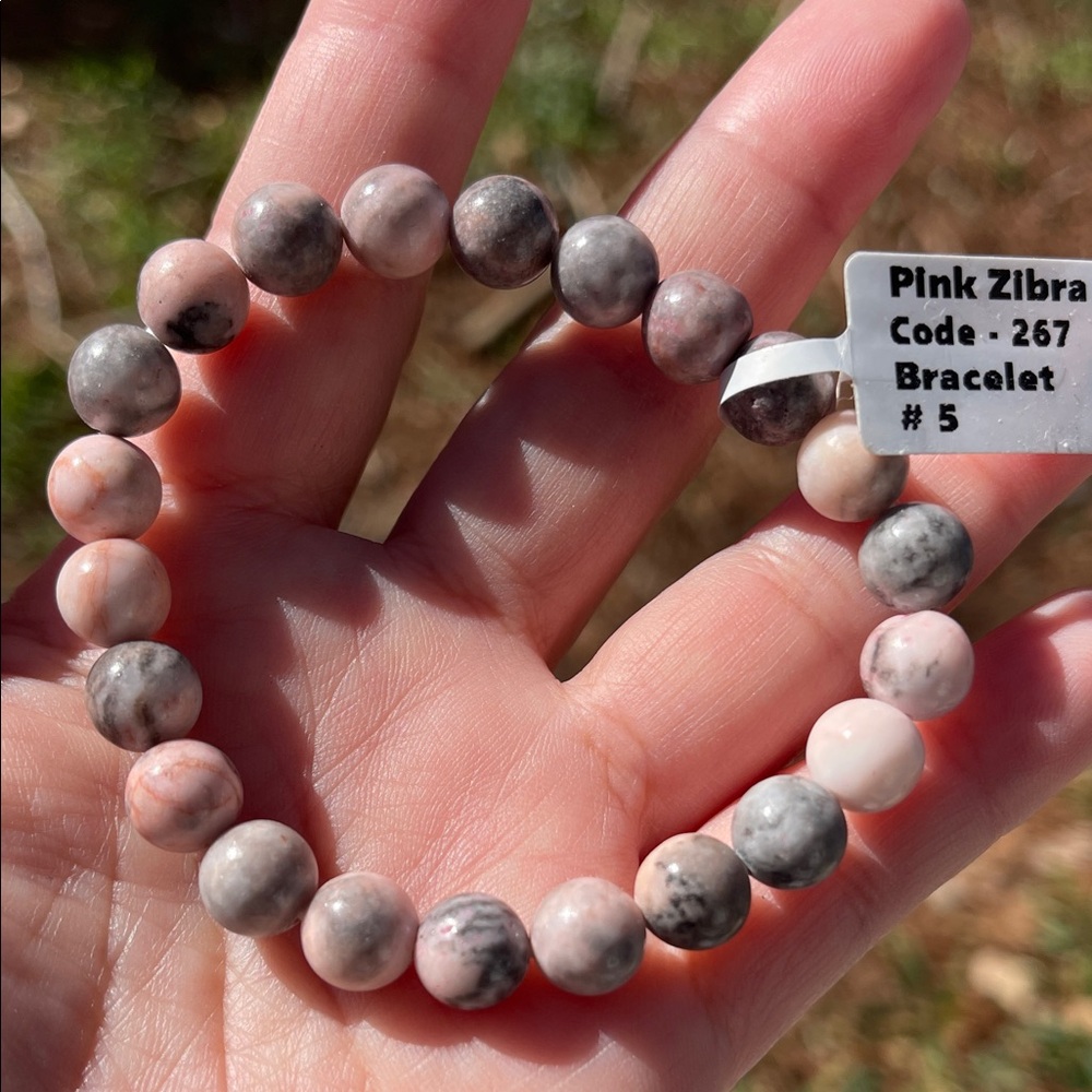 Natural Pink Zebra Jasper Stone Beaded Elastic Bracelet